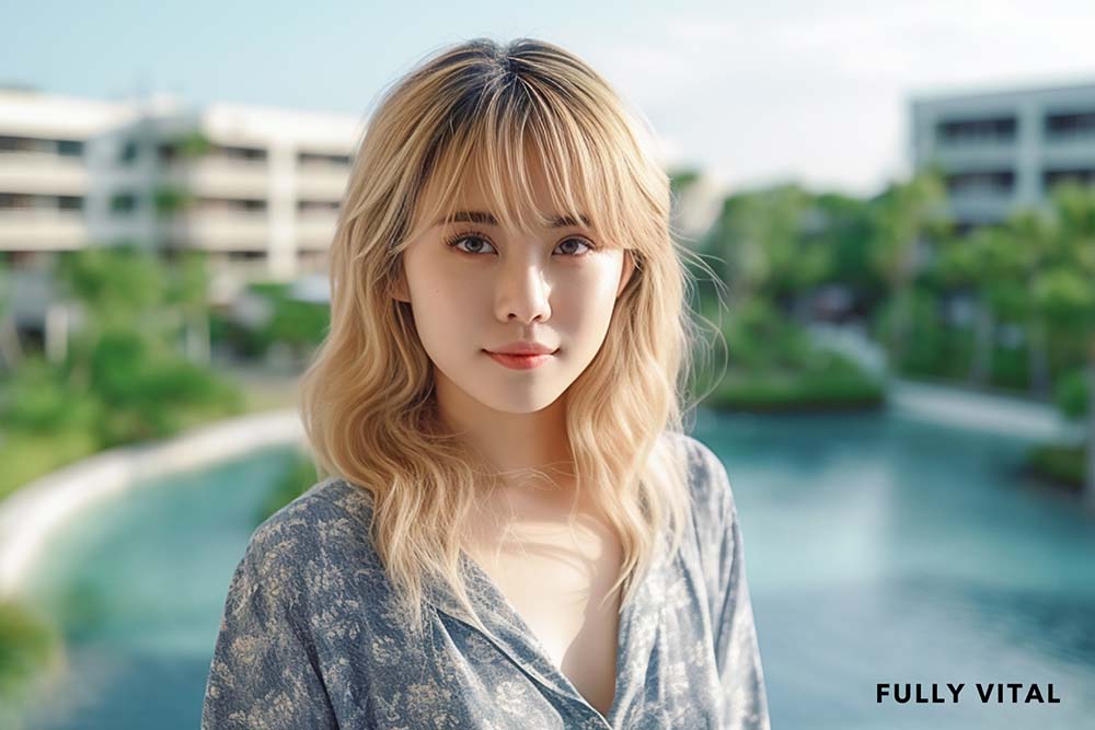 Blond woman with bottleneck bangs