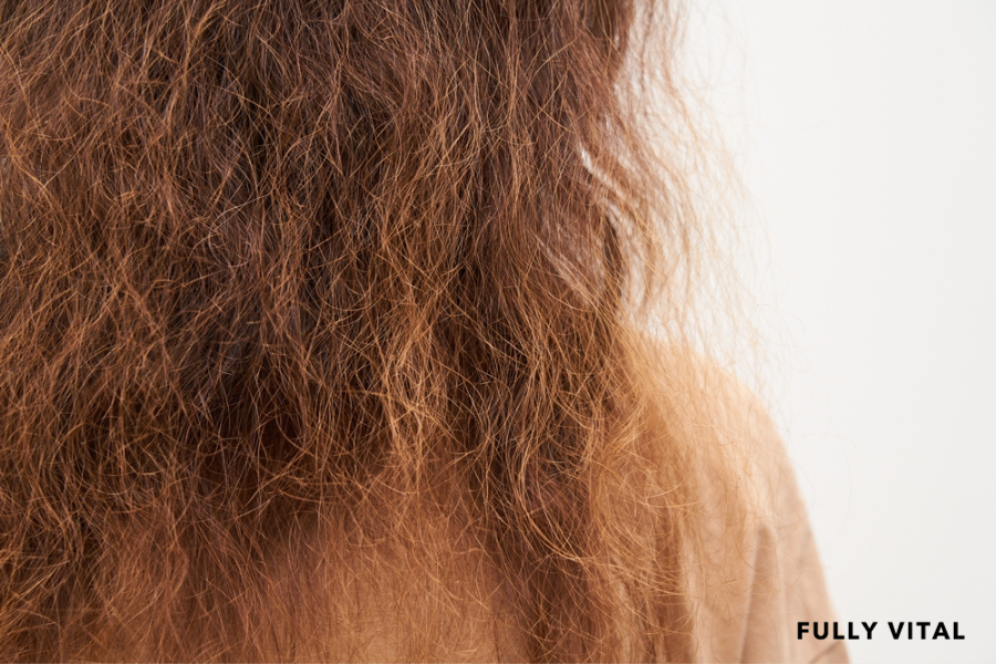Woman holding hair with frizz