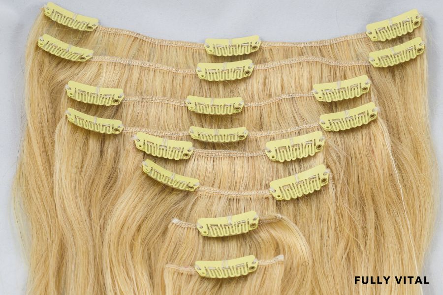 Blond clip-in extensions