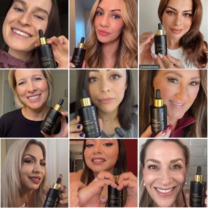 Grid of real FullyVital customers holding the Anti-Gray Hair Serum dropper bottle