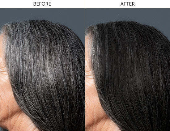 Before-and-after comparison showing hair transitioning from gray-streaked to fully pigmented